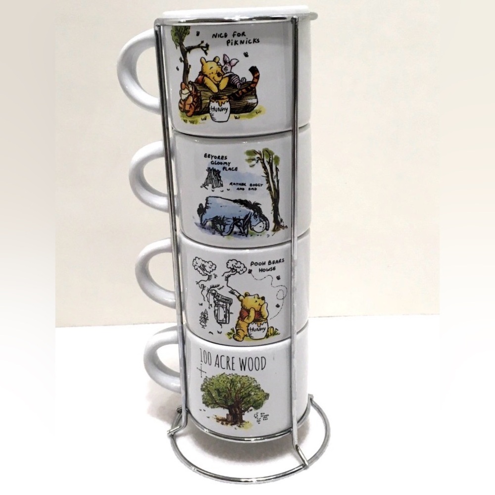 Winnie The Pooh Disney 4 Demitasse Cups Stacked Espresso Holder Ceramic *Marks